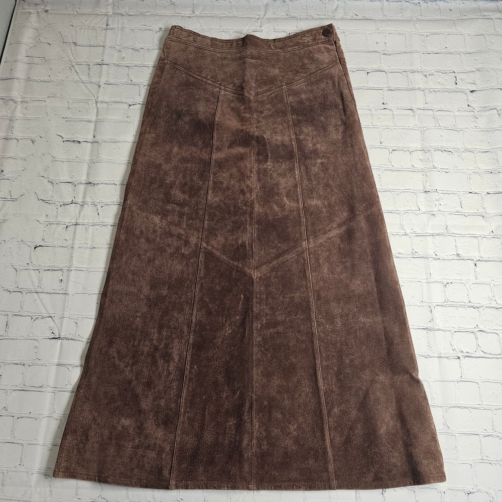 Vintage Saguaro Brown‎ Leather Suede Maxi Skirt Paneled A-Line Boho Western SZ 8